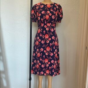 Navy Floral Puff-Sleeve Midi Dress - Pink Floral